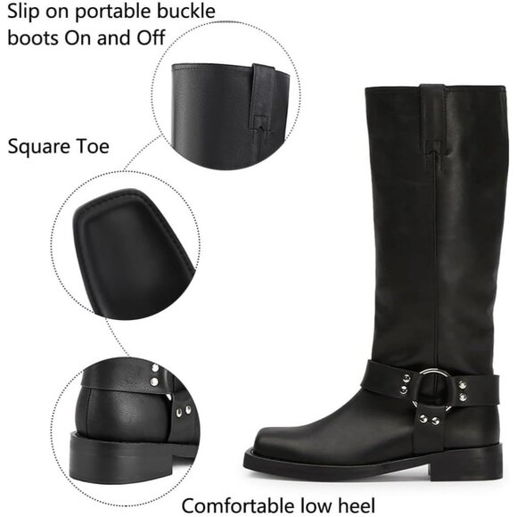 Caradise Women Black Knee High Square Toe Pull On Flat Motorcycle Comfort Boots - Picture 4 of 7